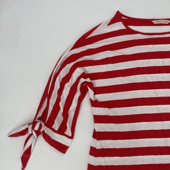 Soft Surroundings Size M Red White Stripe Blouse Tie Accent Sleeve Viscose 2AG33 - Picture 4 of 11